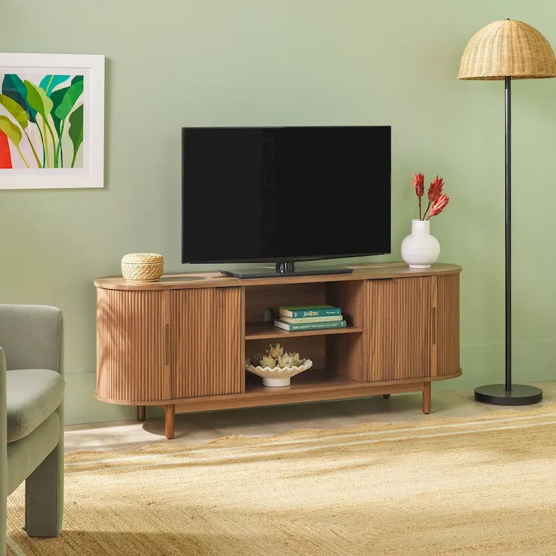 Meuble TV encastré moderne de 60 pouces avec coins arrondis.