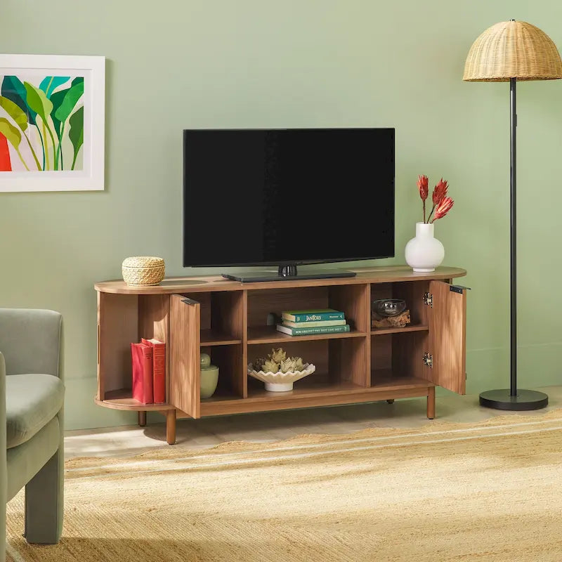 Meuble TV encastré moderne de 60 pouces avec coins arrondis.