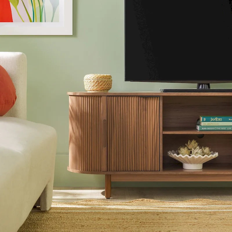 Meuble TV encastré moderne de 60 pouces avec coins arrondis.