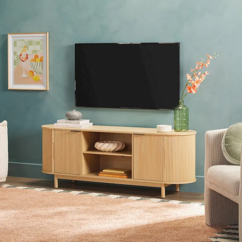 Meuble TV encastré moderne de 60 pouces avec coins arrondis.