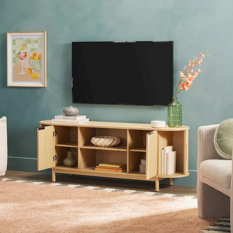 Meuble TV encastré moderne de 60 pouces avec coins arrondis.