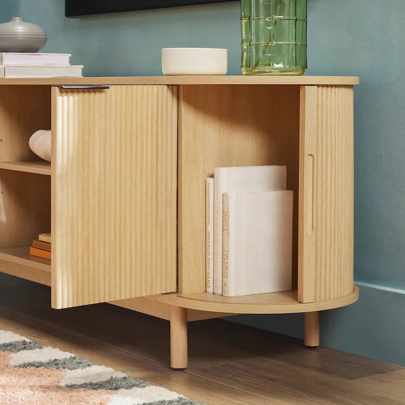 Meuble TV encastré moderne de 60 pouces avec coins arrondis.