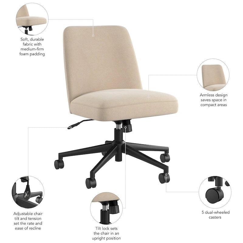 Chaise de bureau sans accoudoirs à roulettes, dossier mi-haut