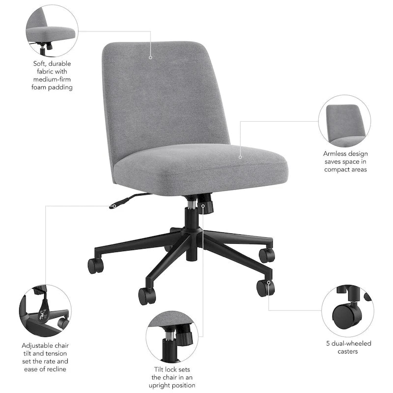 Chaise de bureau sans accoudoirs à roulettes, dossier mi-haut