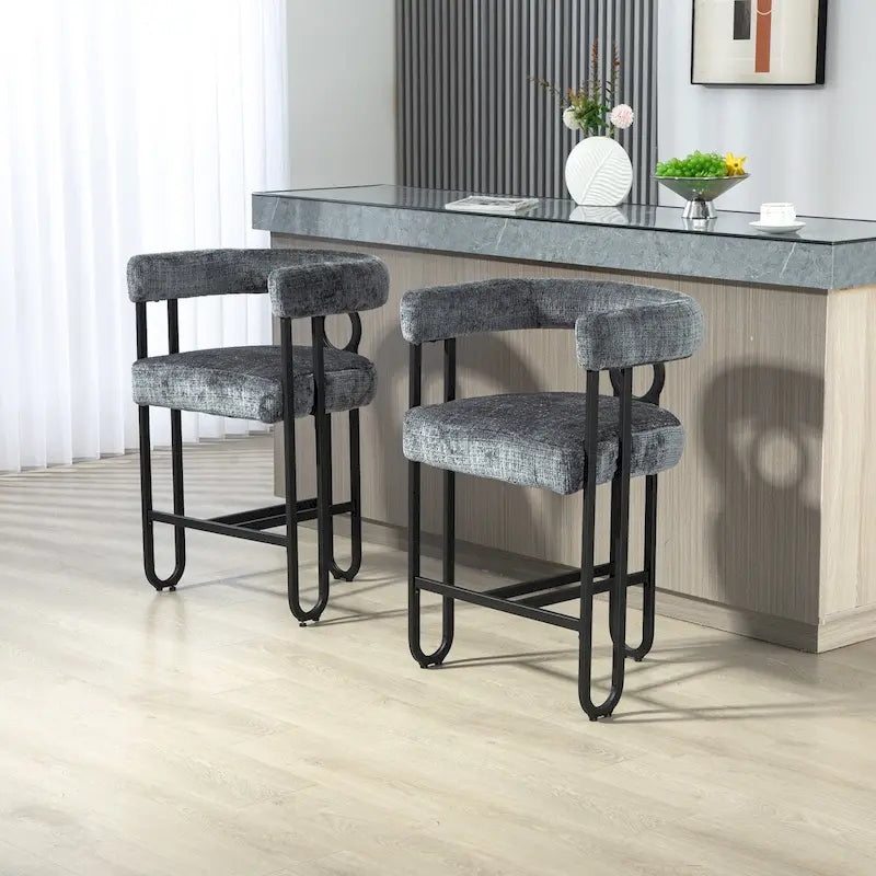 Tabourets de bar contemporains avec repose-pieds, revêtement chenille et cuir (lot de 2)