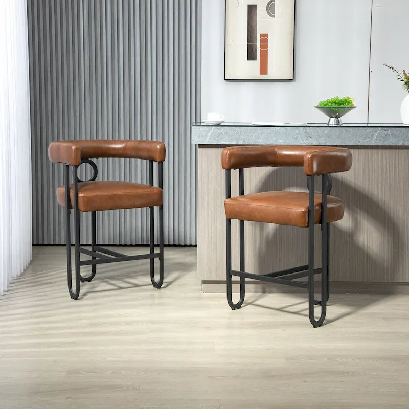 Tabourets de bar contemporains avec repose-pieds, revêtement chenille et cuir (lot de 2)