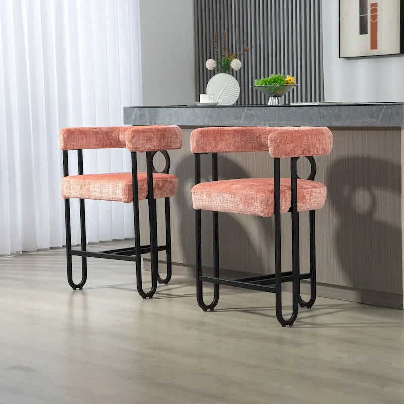 Tabourets de bar contemporains avec repose-pieds, revêtement chenille et cuir (lot de 2)