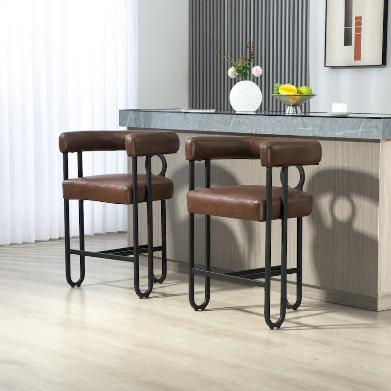 Tabourets de bar contemporains avec repose-pieds, revêtement chenille et cuir (lot de 2)