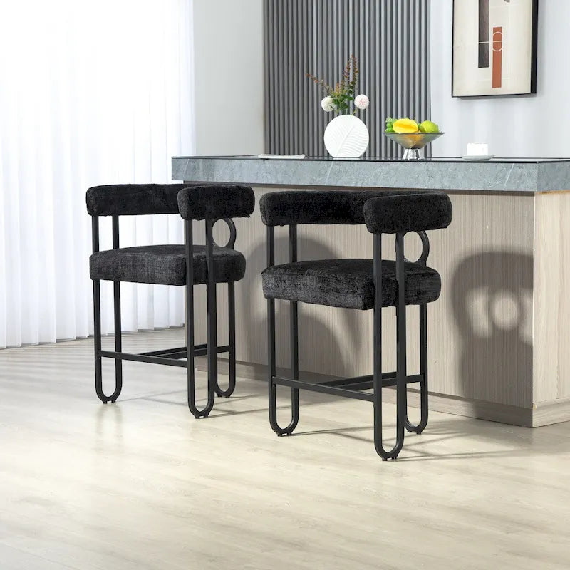 Tabourets de bar contemporains avec repose-pieds, revêtement chenille et cuir (lot de 2)