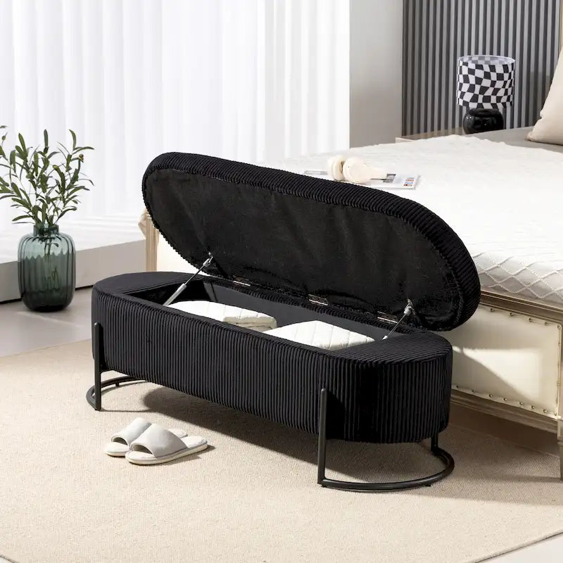 Banc de rangement ottoman rembourré en velours côtelé avec charnière de sécurité et pieds en métal