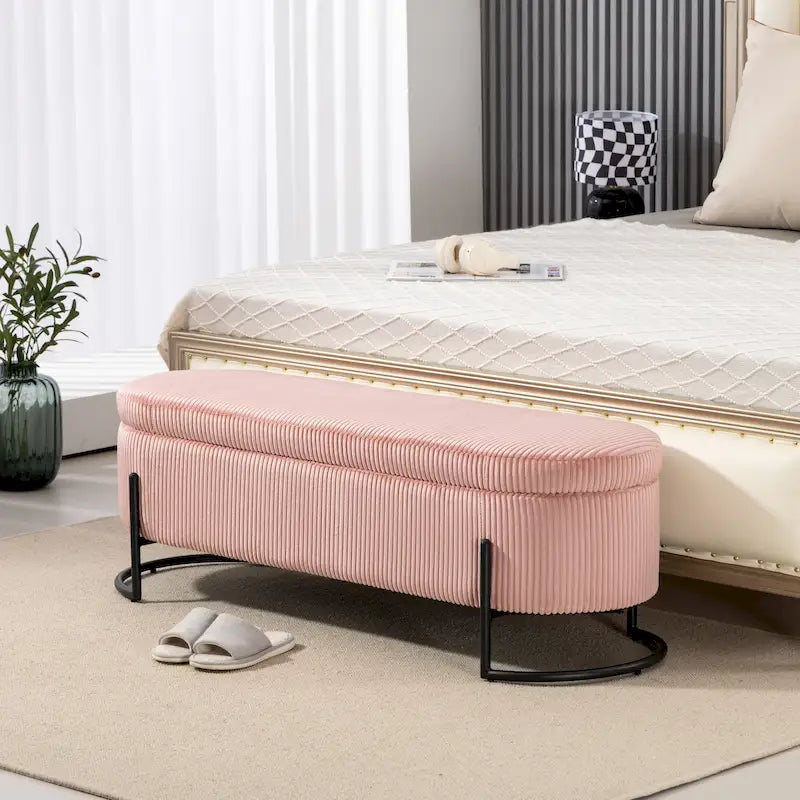 Banc de rangement ottoman rembourré en velours côtelé avec charnière de sécurité et pieds en métal