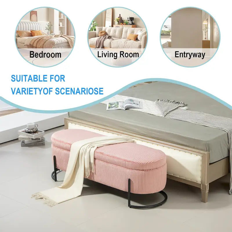 Banc de rangement ottoman rembourré en velours côtelé avec charnière de sécurité et pieds en métal