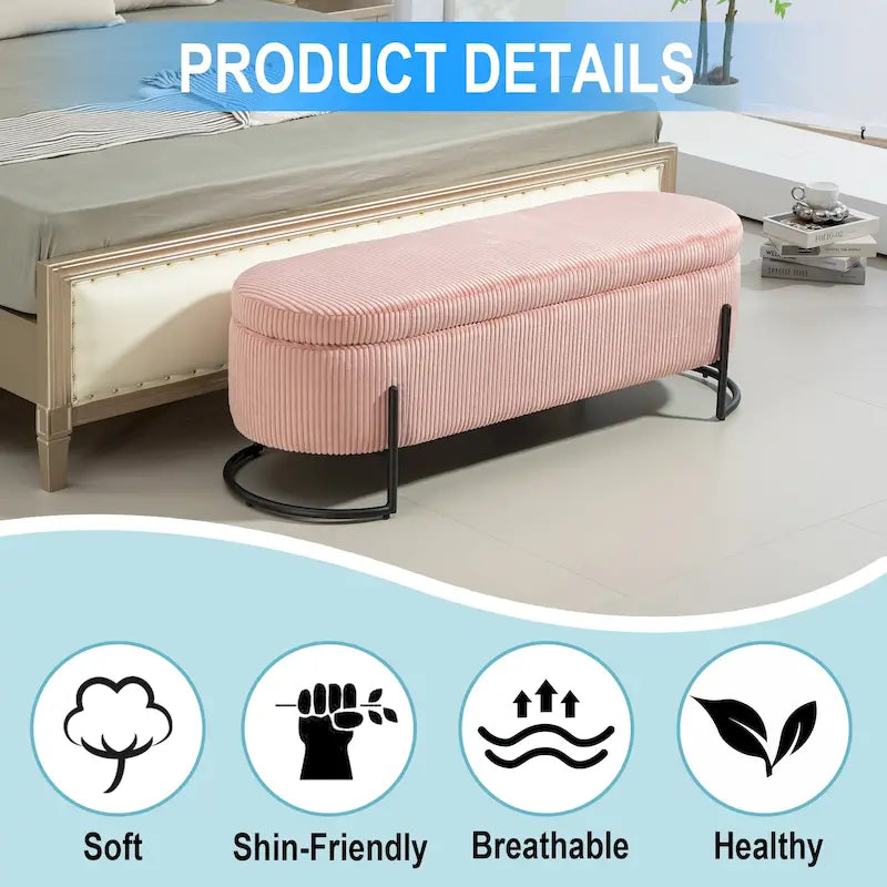 Banc de rangement ottoman rembourré en velours côtelé avec charnière de sécurité et pieds en métal