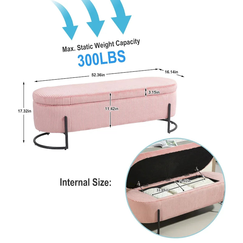 Banc de rangement ottoman rembourré en velours côtelé avec charnière de sécurité et pieds en métal