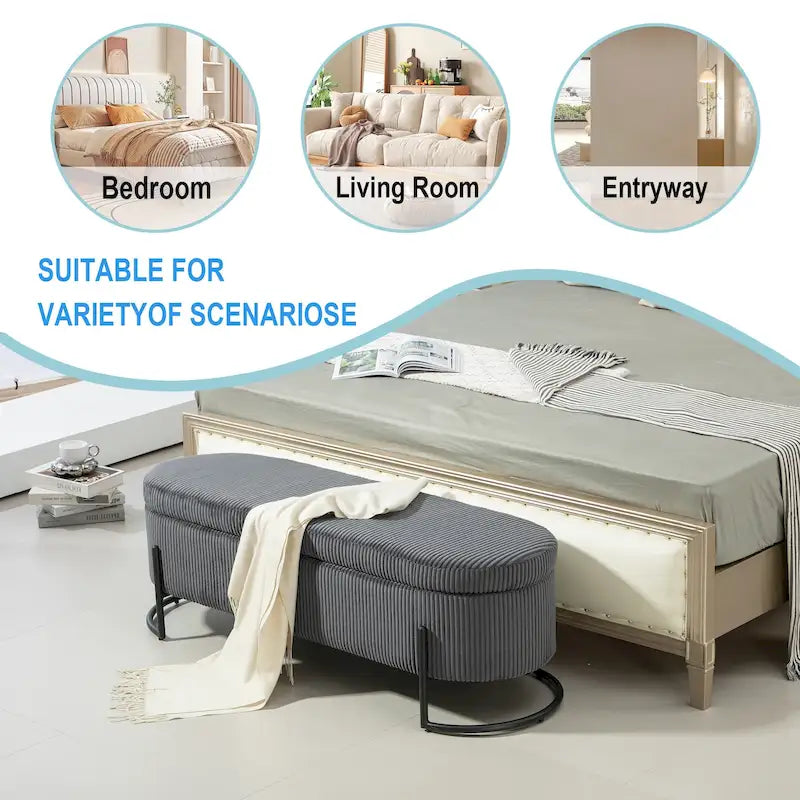 Banc de rangement ottoman rembourré en velours côtelé avec charnière de sécurité et pieds en métal