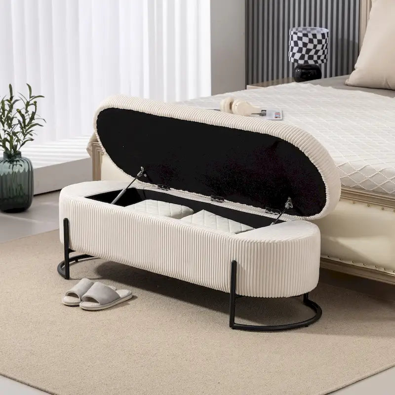 Banc de rangement ottoman rembourré en velours côtelé avec charnière de sécurité et pieds en métal