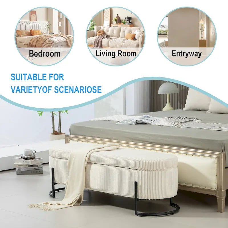Banc de rangement ottoman rembourré en velours côtelé avec charnière de sécurité et pieds en métal