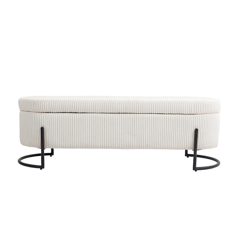 Banc de rangement ottoman rembourré en velours côtelé avec charnière de sécurité et pieds en métal