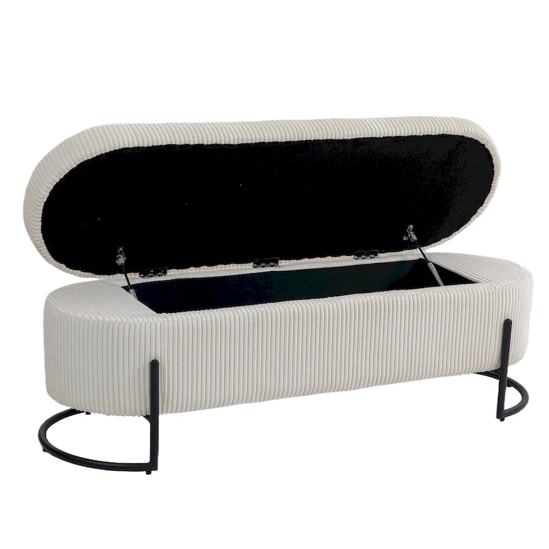 Banc de rangement ottoman rembourré en velours côtelé avec charnière de sécurité et pieds en métal