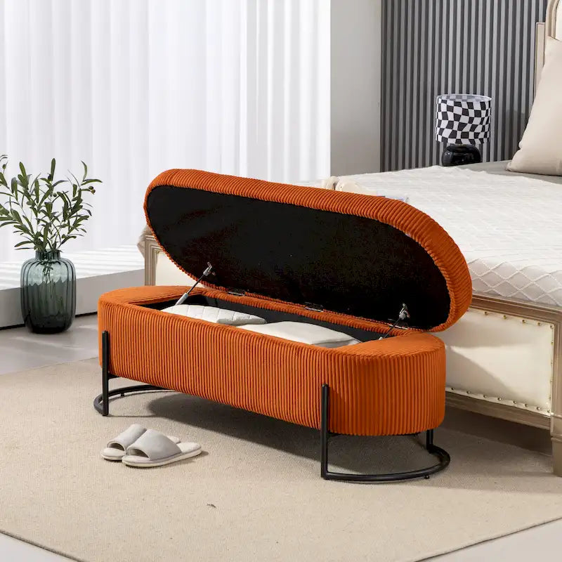 Banc de rangement ottoman rembourré en velours côtelé avec charnière de sécurité et pieds en métal