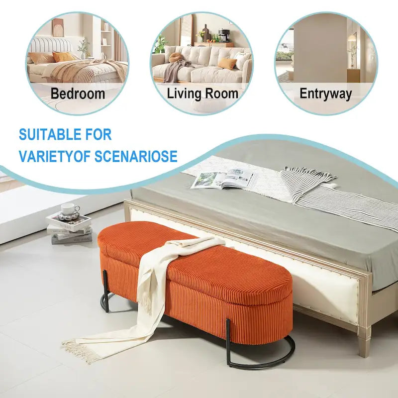 Banc de rangement ottoman rembourré en velours côtelé avec charnière de sécurité et pieds en métal