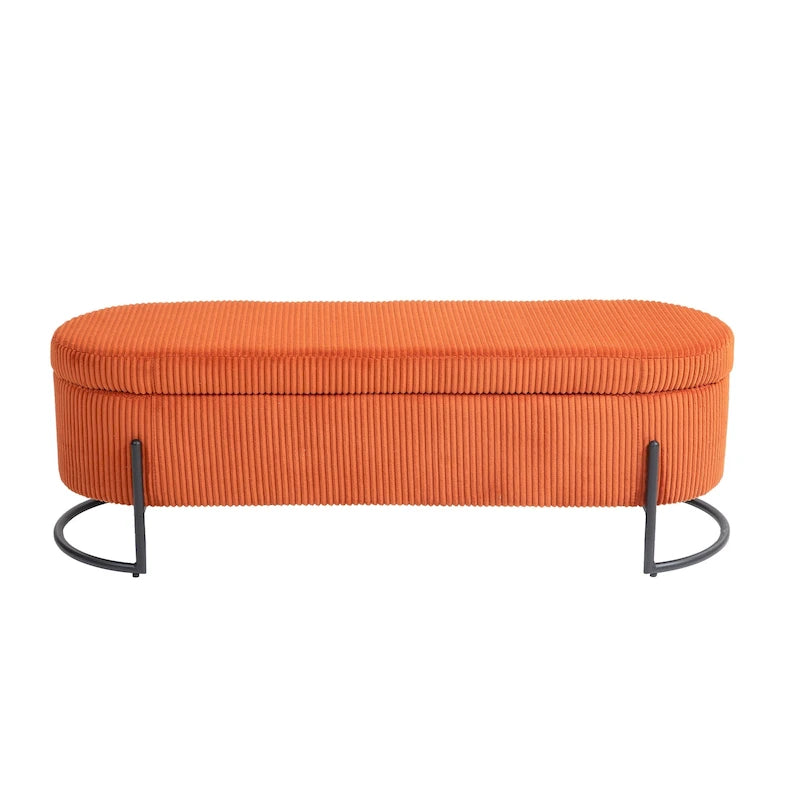 Banc de rangement ottoman rembourré en velours côtelé avec charnière de sécurité et pieds en métal