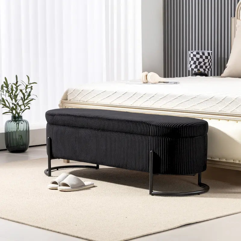 Banc de rangement ottoman rembourré en velours côtelé avec charnière de sécurité et pieds en métal