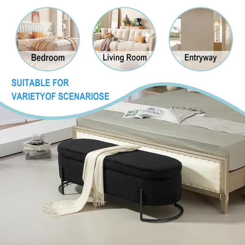 Banc de rangement ottoman rembourré en velours côtelé avec charnière de sécurité et pieds en métal