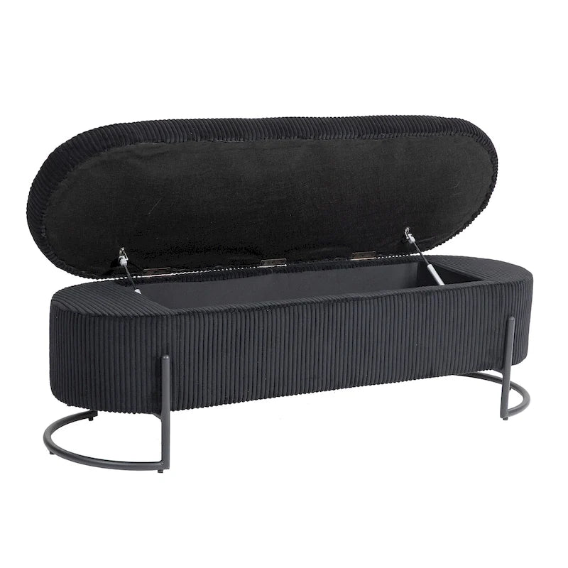 Banc de rangement ottoman rembourré en velours côtelé avec charnière de sécurité et pieds en métal
