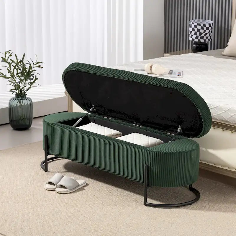 Banc de rangement ottoman rembourré en velours côtelé avec charnière de sécurité et pieds en métal