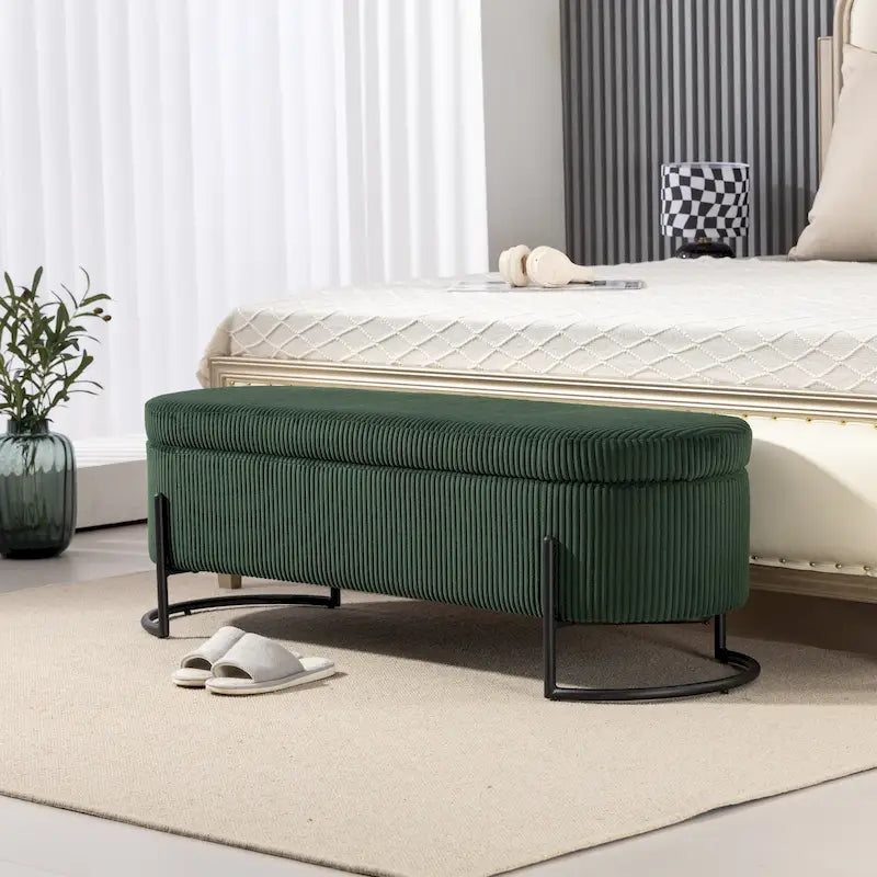 Banc de rangement ottoman rembourré en velours côtelé avec charnière de sécurité et pieds en métal