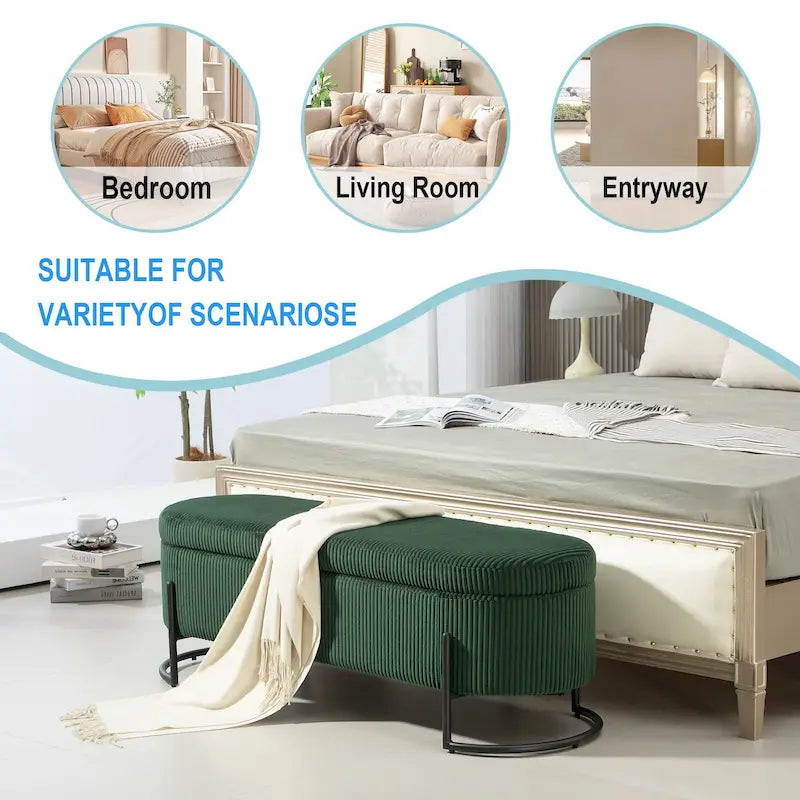 Banc de rangement ottoman rembourré en velours côtelé avec charnière de sécurité et pieds en métal